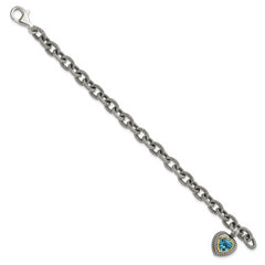 Shey Couture Sterling Silver with 14K Accent 7.5 Inch Antiqued Swiss Blue Topaz Heart Bezel Bracelet