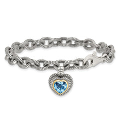 Shey Couture Sterling Silver with 14K Accent 7.5 Inch Antiqued Swiss Blue Topaz Heart Bezel Bracelet