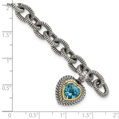 Shey Couture Sterling Silver with 14K Accent 7.5 Inch Antiqued Swiss Blue Topaz Heart Bezel Bracelet