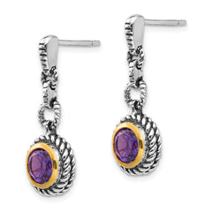 Sterling Silver Gold-tone Amethyst Dangle Earrings with Antiqued Bezel