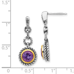 Sterling Silver Gold-tone Amethyst Dangle Earrings with Antiqued Bezel