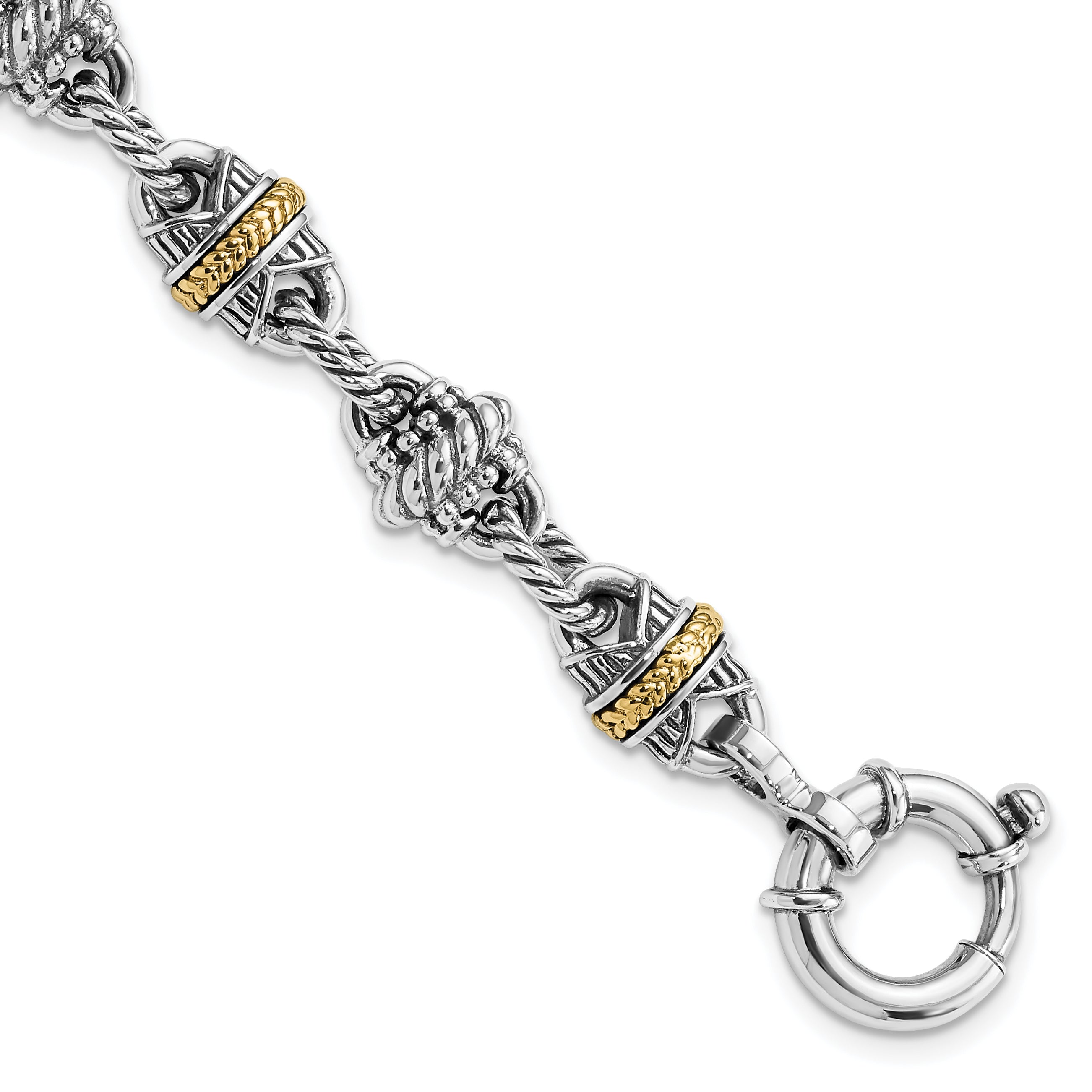 Sterling Silver w/14k Accent Antiqued Fancy Link Bracelet