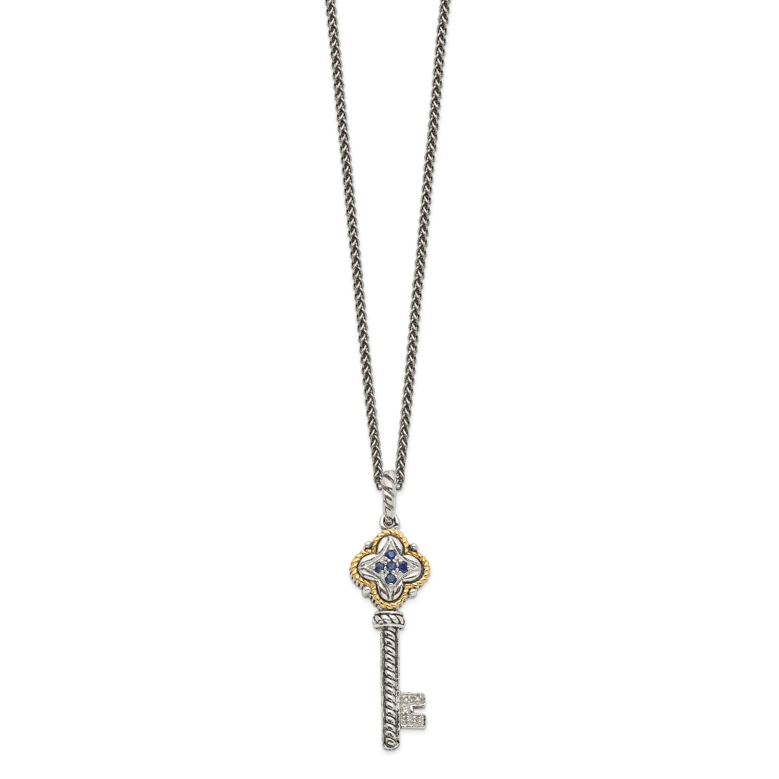 Shey Couture Sterling Silver with 14K Accent 18 Inch Antiqued Sapphire and Diamond Key Necklace