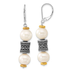 Sterling Silver w/14ky Accent Polished & Antiqued Freshwater Cultured Pearl & Barrel Leverback Dangle Earrings