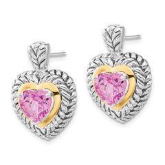 Sterling Silver 14K Gold Pink Sapphire Heart Dangle Earrings