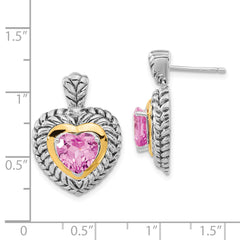 Sterling Silver 14K Gold Pink Sapphire Heart Dangle Earrings
