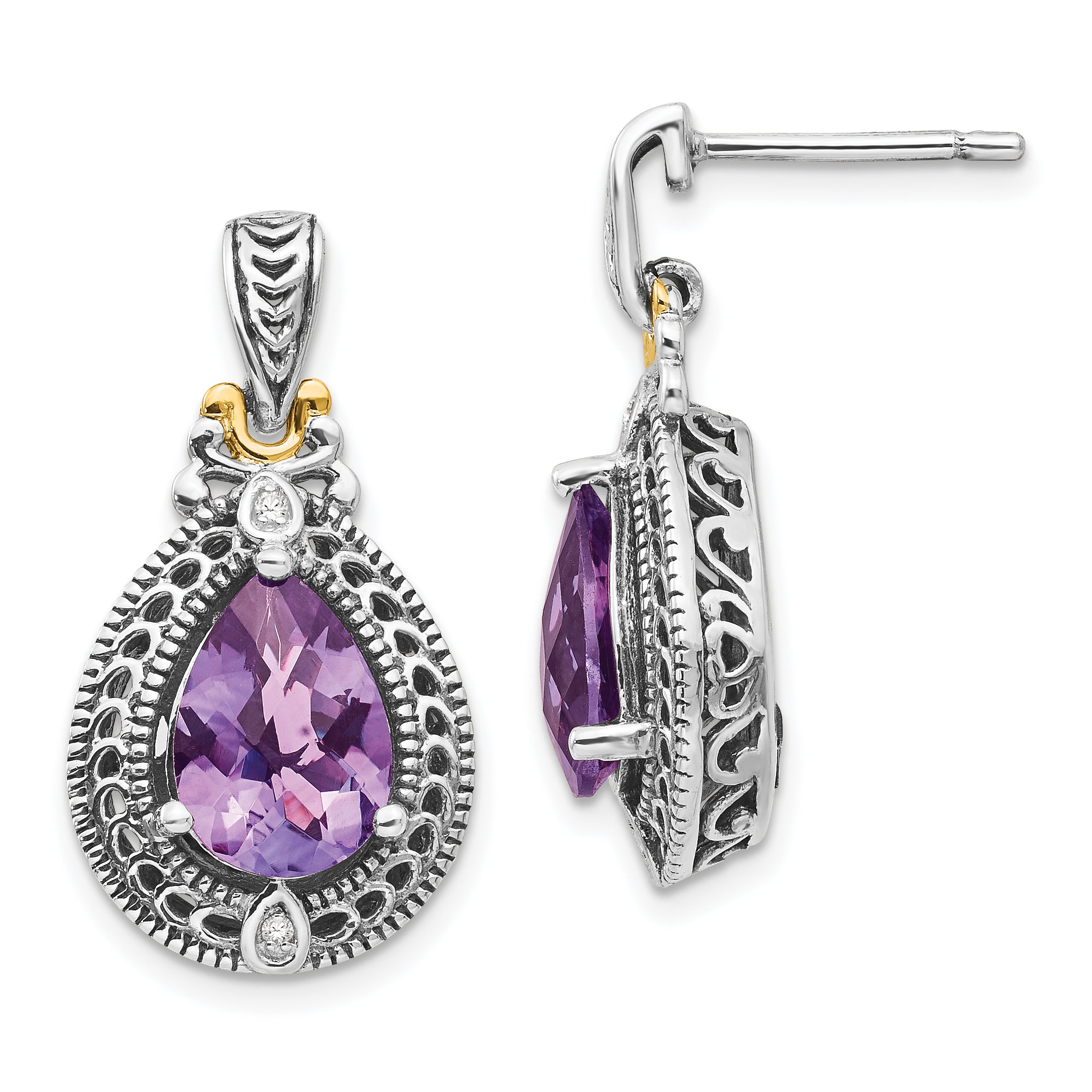 Shey Couture Sterling Silver with 14K Accent Antiqued Diamond and Pear Shaped Amethyst Earrings