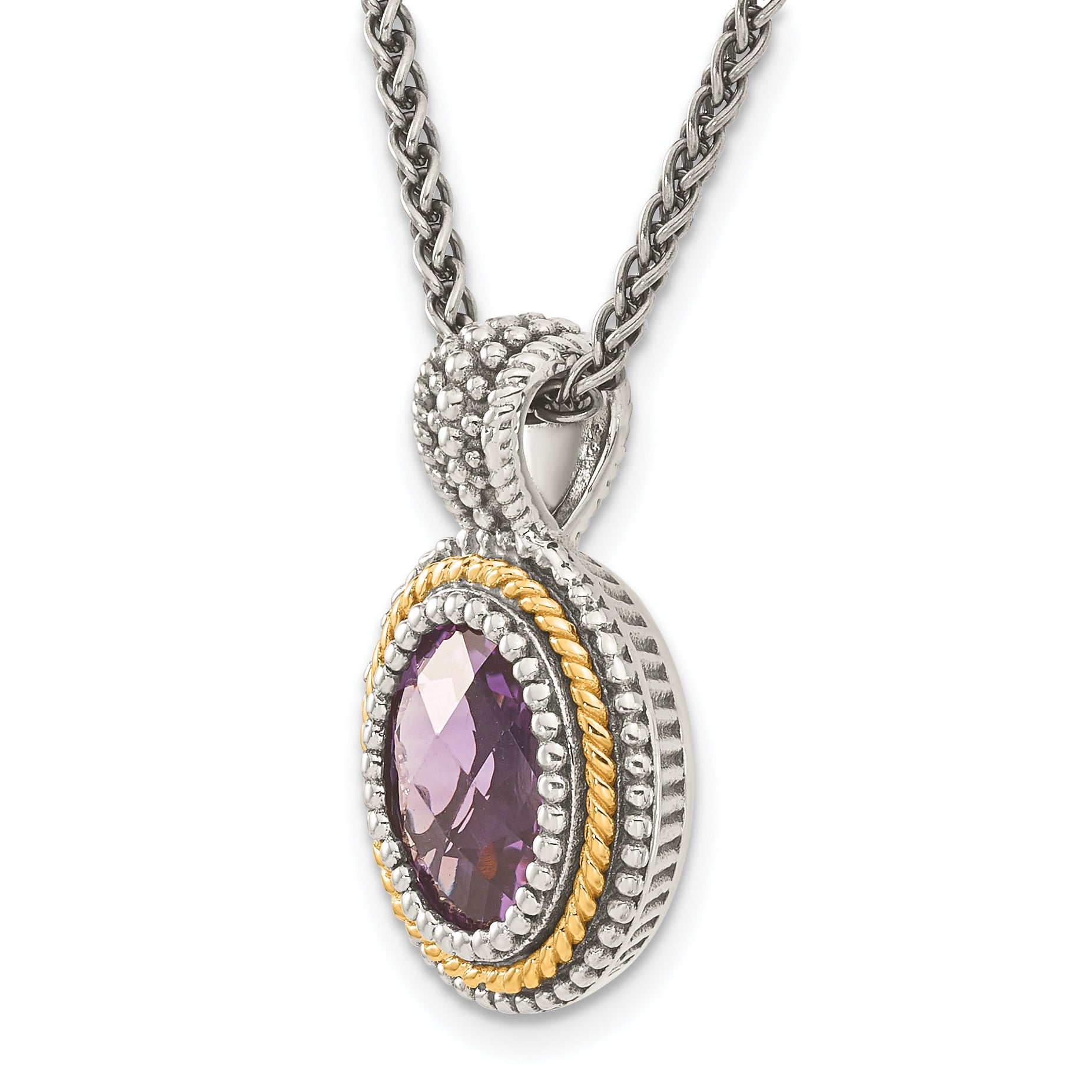 Shey Couture Sterling Silver with 14K Accent 18 Inch Antiqued Oval Bezel Amethyst Necklace