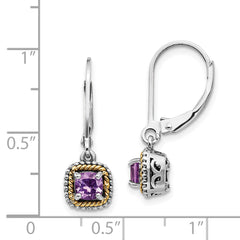 Sterling Silver and 14K Gold Amethyst Leverback Dangle Earrings