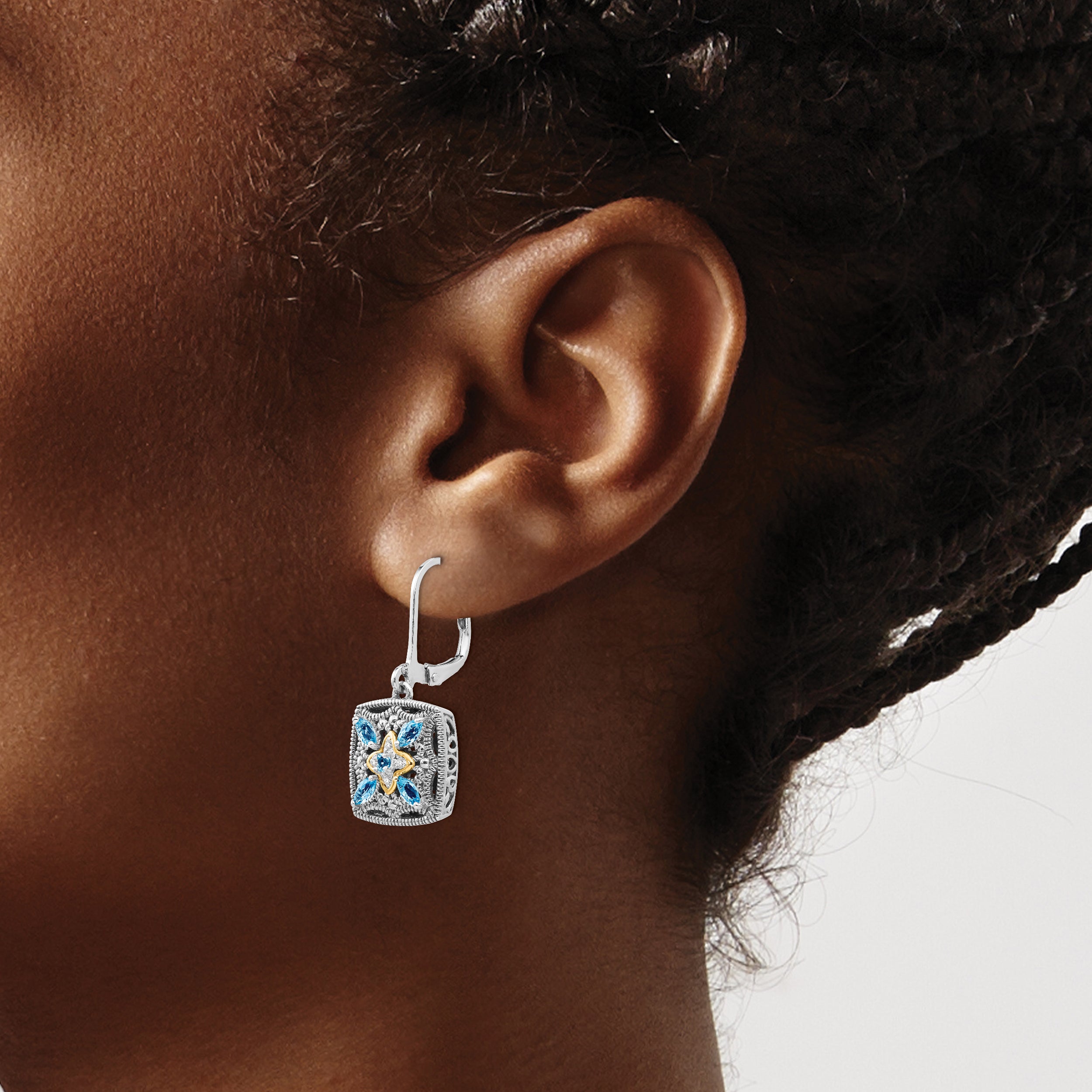 Shey Couture Sterling Silver with 14K Accent Antiqued Diamond and Marquise Blue Topaz Leverback Earrings