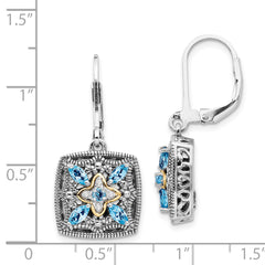 Sophia Jewelers Sterling Silver 14K Gold Leverback Earrings with Antiqued Diamond and Blue Topaz