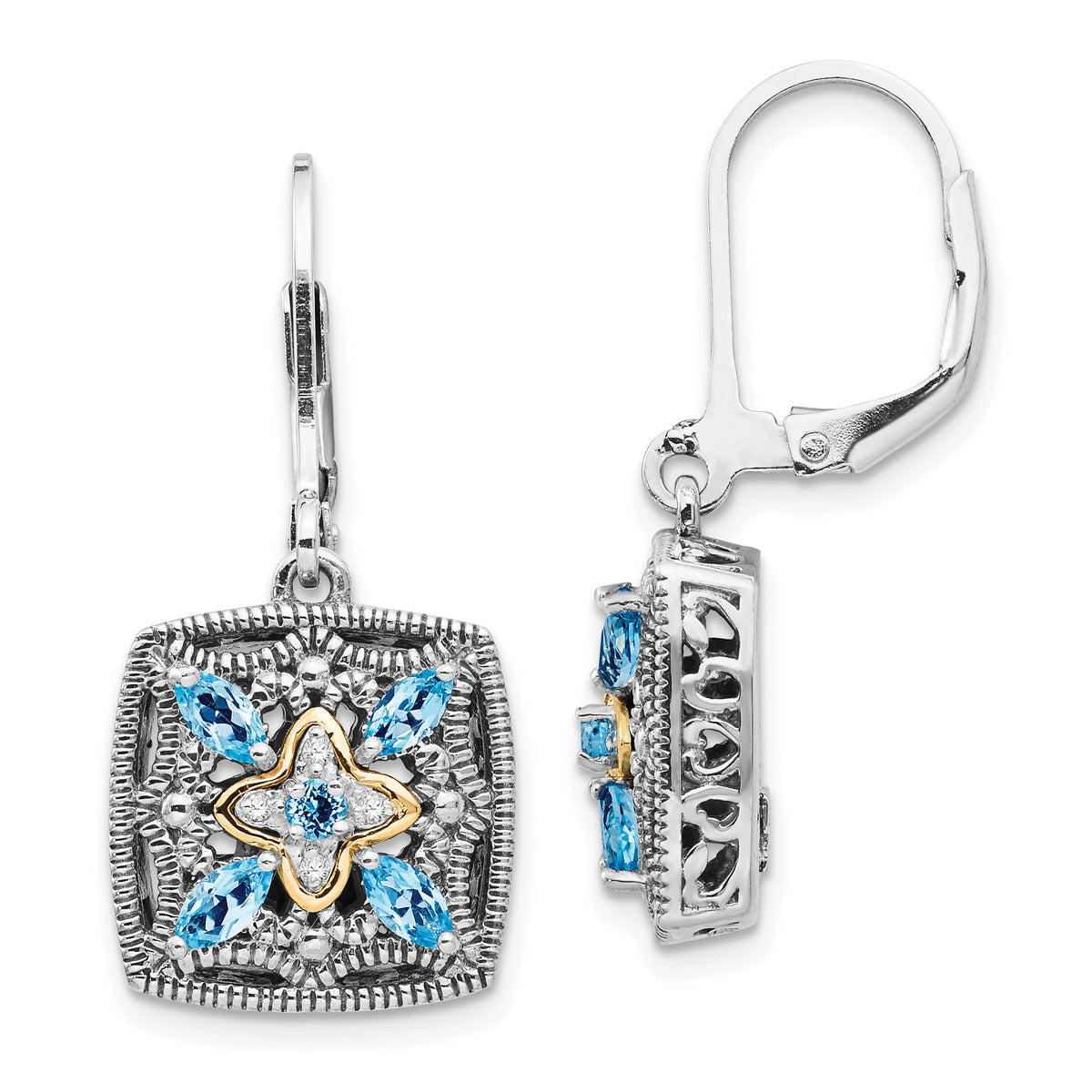 Shey Couture Sterling Silver with 14K Accent Antiqued Diamond and Marquise Blue Topaz Leverback Earrings