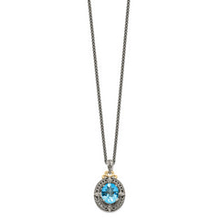 Shey Couture Sterling Silver with 14K Accent 18 Inch Antiqued Diamond and Oval Blue Topaz Necklace