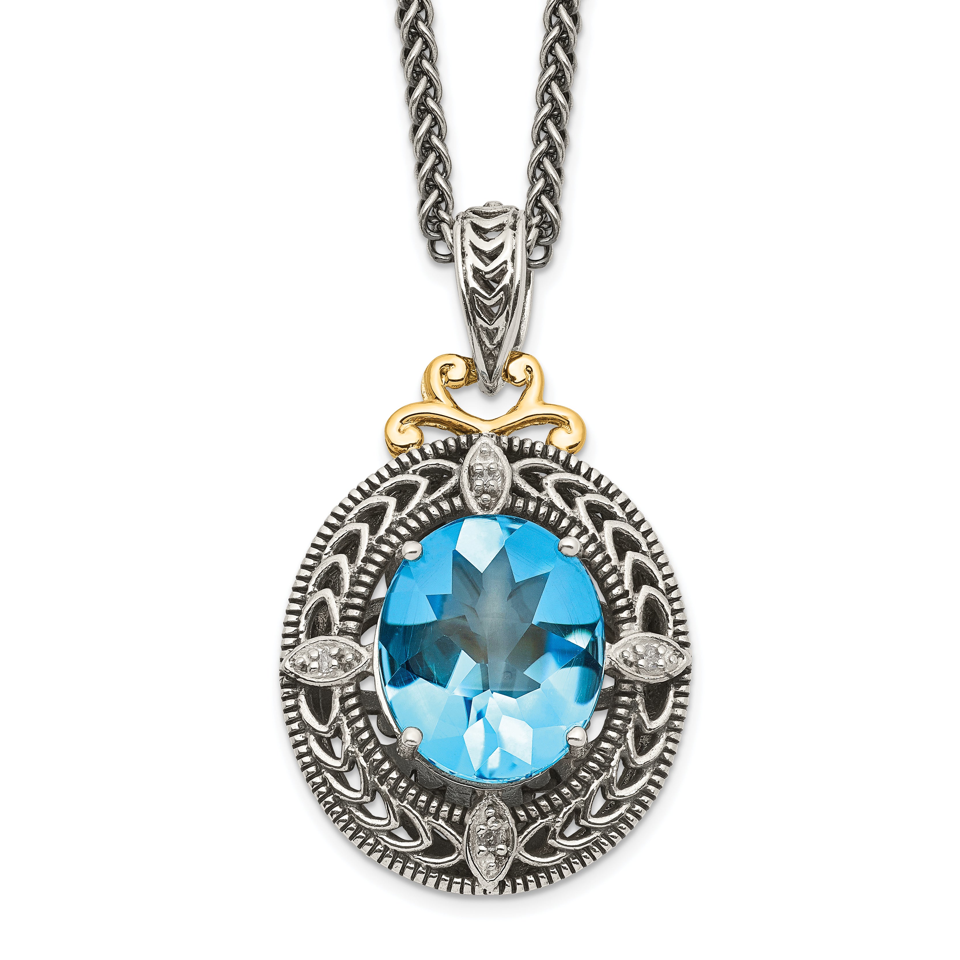 Shey Couture Sterling Silver with 14K Accent 18 Inch Antiqued Diamond and Oval Blue Topaz Necklace