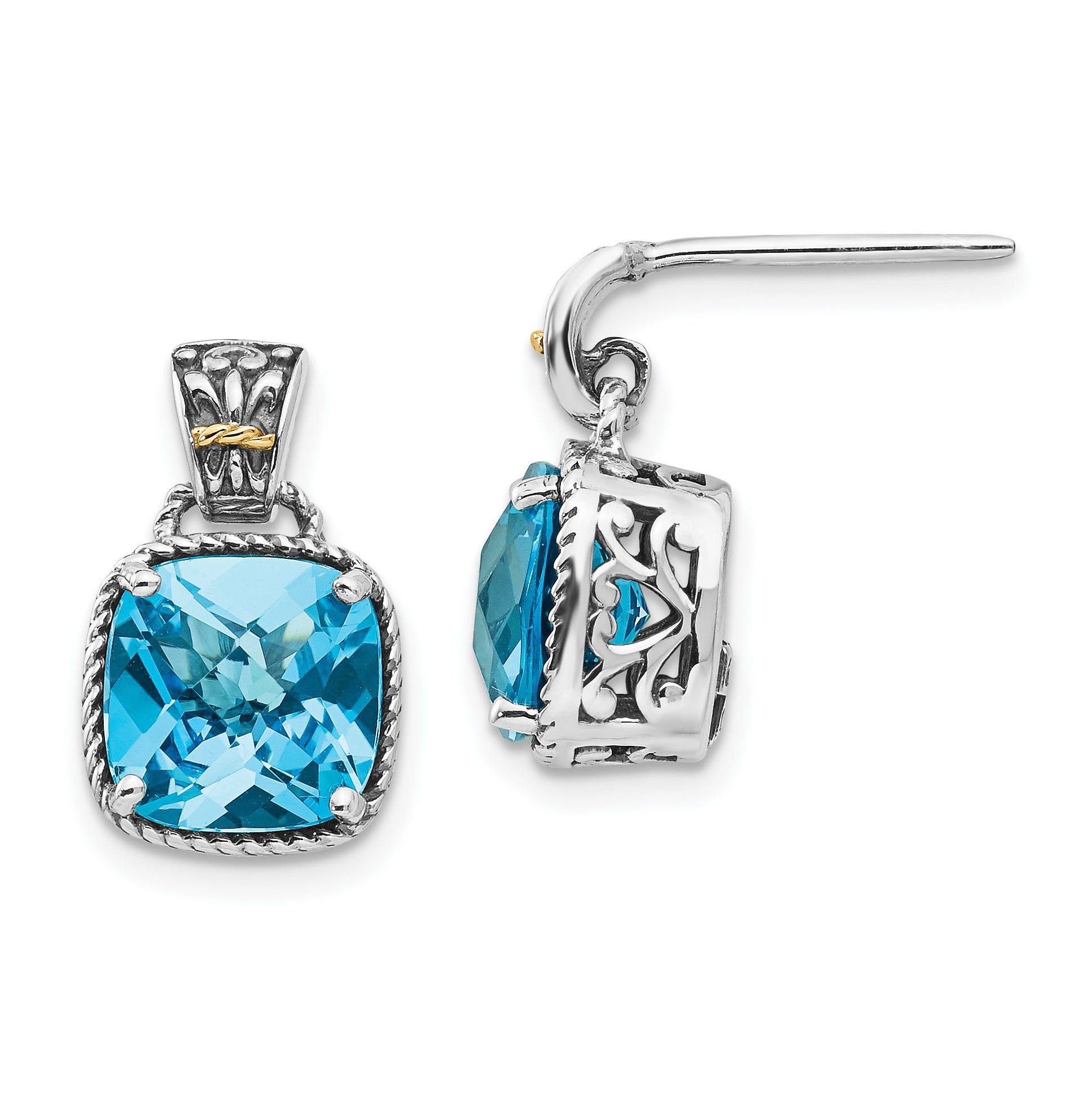 Shey Couture Sterling Silver with 14K Accent Antiqued Cushion Blue Topaz Post Dangle Earrings