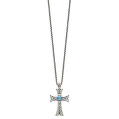 Shey Couture Sterling Silver Rhodium-plated with 14K Accent 18 Inch Antiqued Round Blue Topaz Cross Necklace