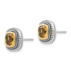 Shey Couture Sterling Silver with 14K Accent Antiqued Cushion Bezel Citrine Post Earrings