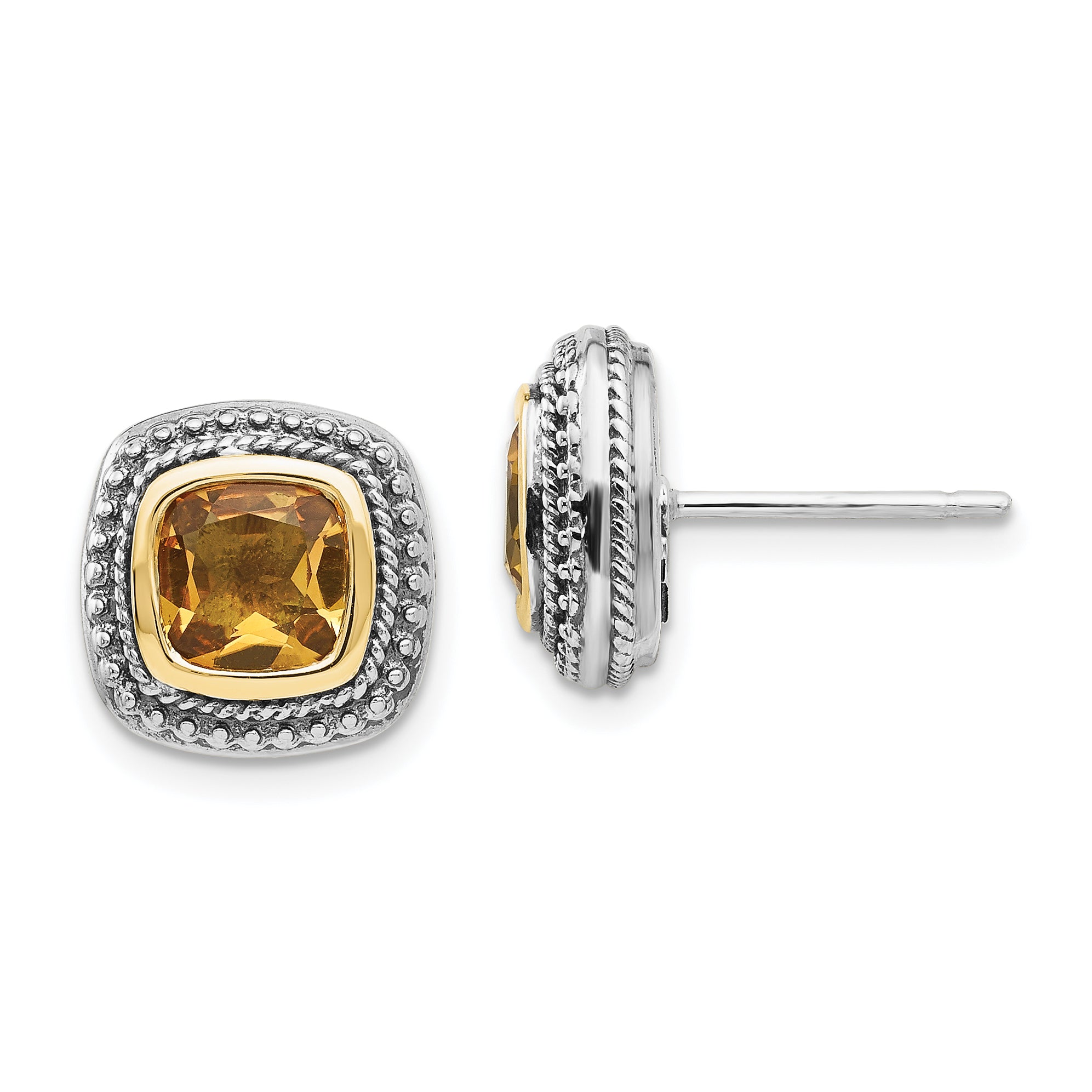 Shey Couture Sterling Silver with 14K Accent Antiqued Cushion Bezel Citrine Post Earrings
