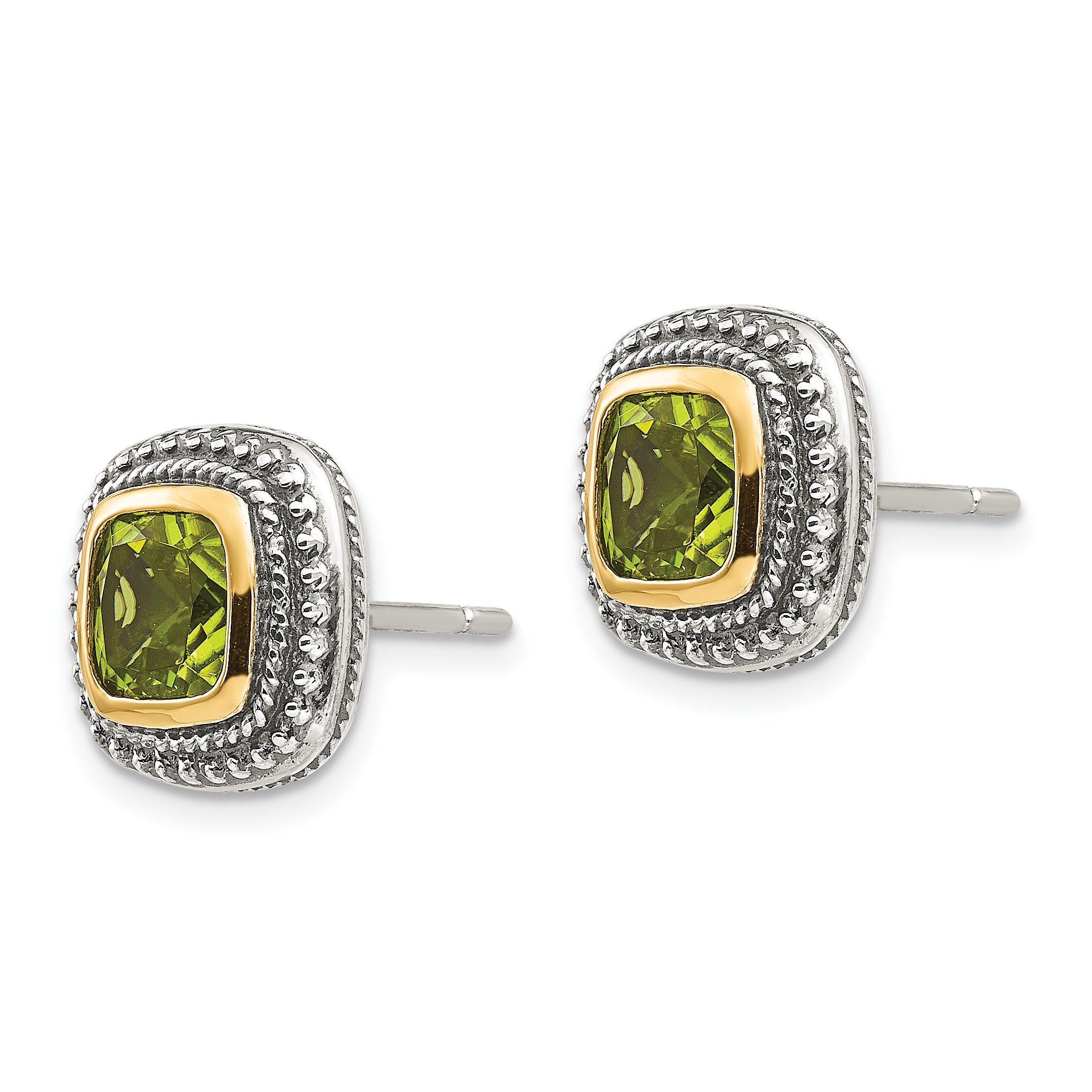 Shey Couture Sterling Silver with 14K Accent Antiqued Cushion Bezel Peridot Post Earrings