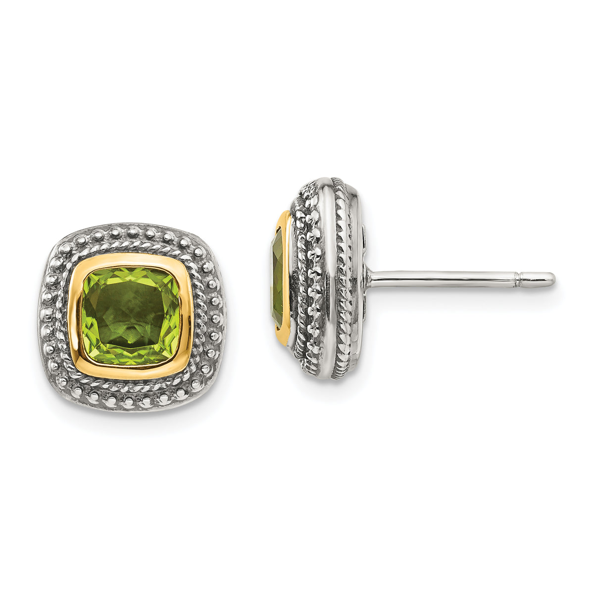 Shey Couture Sterling Silver with 14K Accent Antiqued Cushion Bezel Peridot Post Earrings