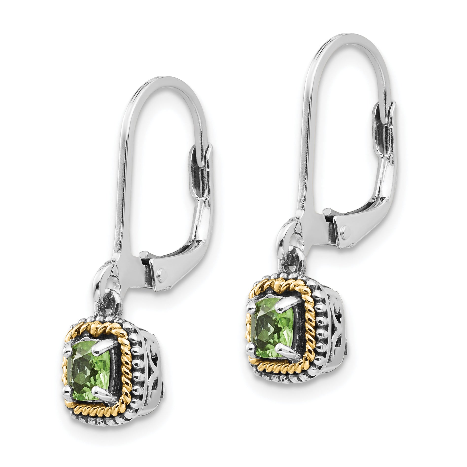 Shey Couture Sterling Silver with 14K Accent Antiqued Cushion Peridot Leverback Earrings