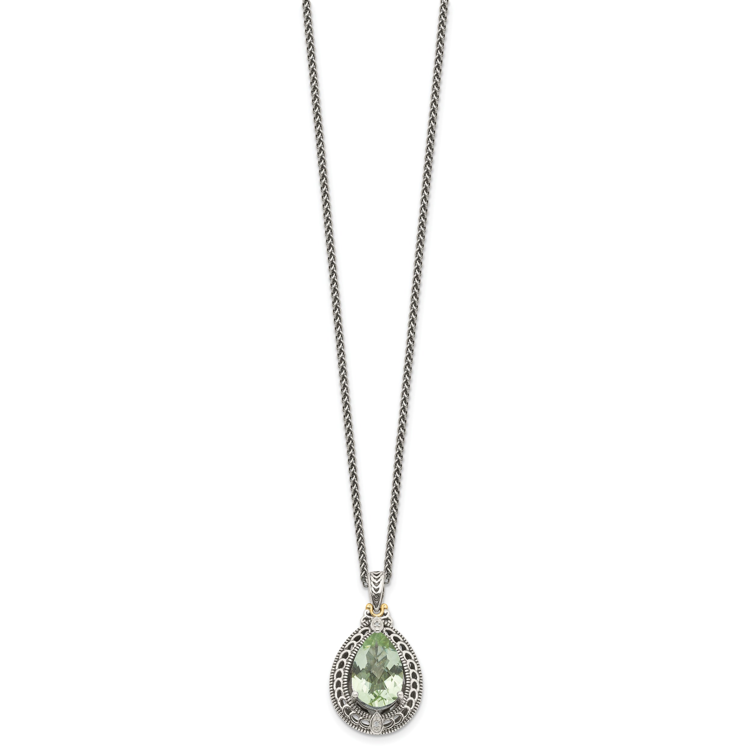 Shey Couture Sterling Silver with 14K Accent 18 Inch Antiqued Diamond and Pear Shaped Green Quartz Necklace