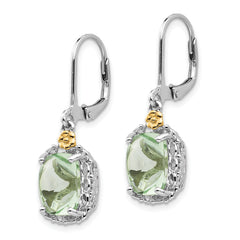 Sterling Silver 14K Gold Green Quartz Leverback Earrings Elegant Cushion Design