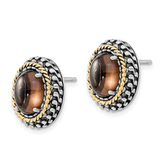 Sterling Silver 14K Gold Smoky Quartz Earrings with Polished Antique Finish