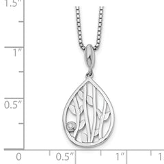 Sterling Silver Diamond Leaf Pendant Necklace with Rhodium Finish and Extender