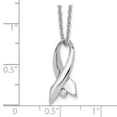 Sterling Silver Diamond Awareness Ribbon Necklace with Polished Rhodium Finish