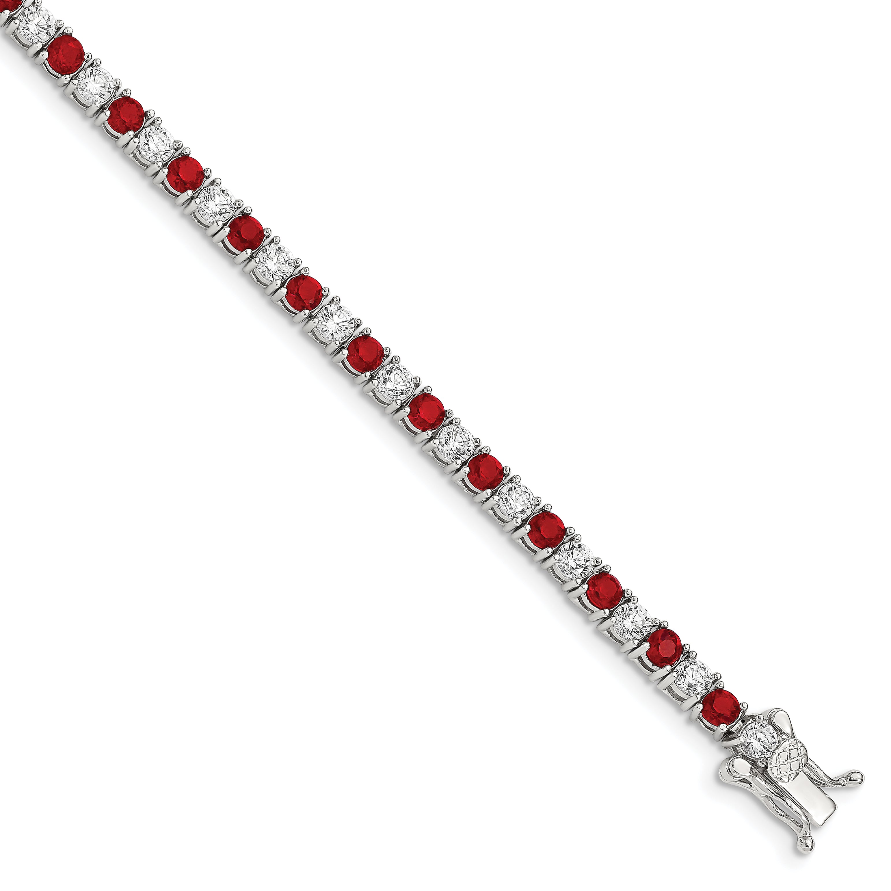 Sterling Silver Rhodium-plated Red Glass and CZ 7 inch Bracelet