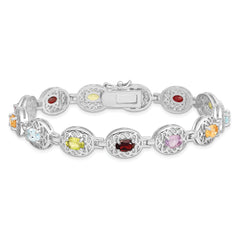 Sterling Silver 925 Multi-Gemstone Bracelet with Rhodium Polish Elegant Design