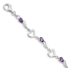 Sterling Silver Rhodium-plated Amethyst Polished Fancy Heart Bracelet