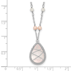 Sterling Silver Rose Quartz & Pearl Necklace with Rhodium Polished Finish