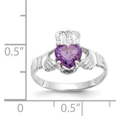 14k White Gold February CZ Birthstone Claddagh Ring