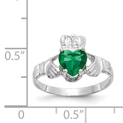 14k White Gold May CZ Birthstone Claddagh Ring