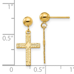 14K Gold Women's Cross Drop Earrings with Polished Textured Finish