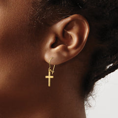 14K Gold Cross Drop Earrings with Polished Satin Finish