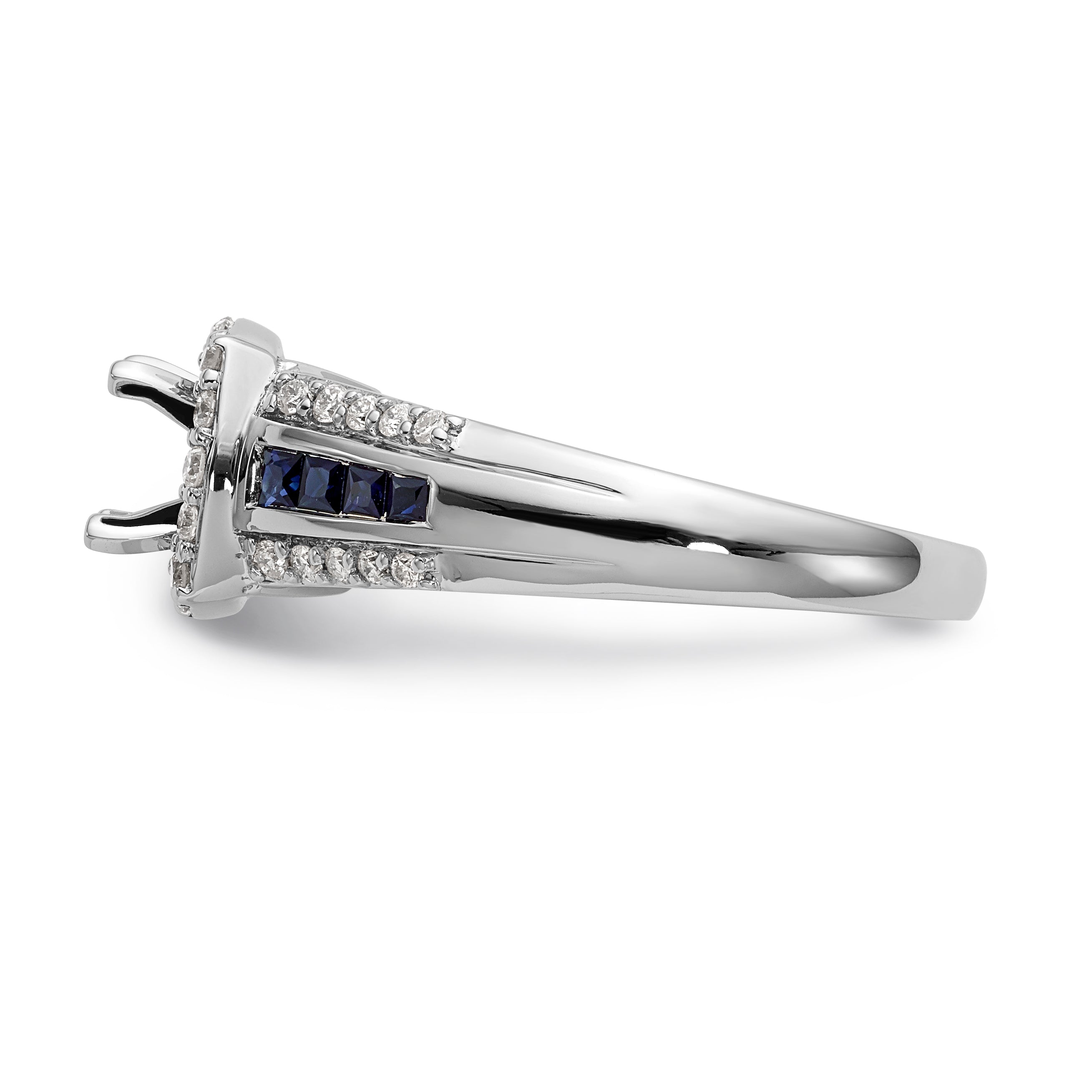 14K White Gold Peg Set Diamond & Sapphire Semi-Mount Cushion Halo Engagement Ring