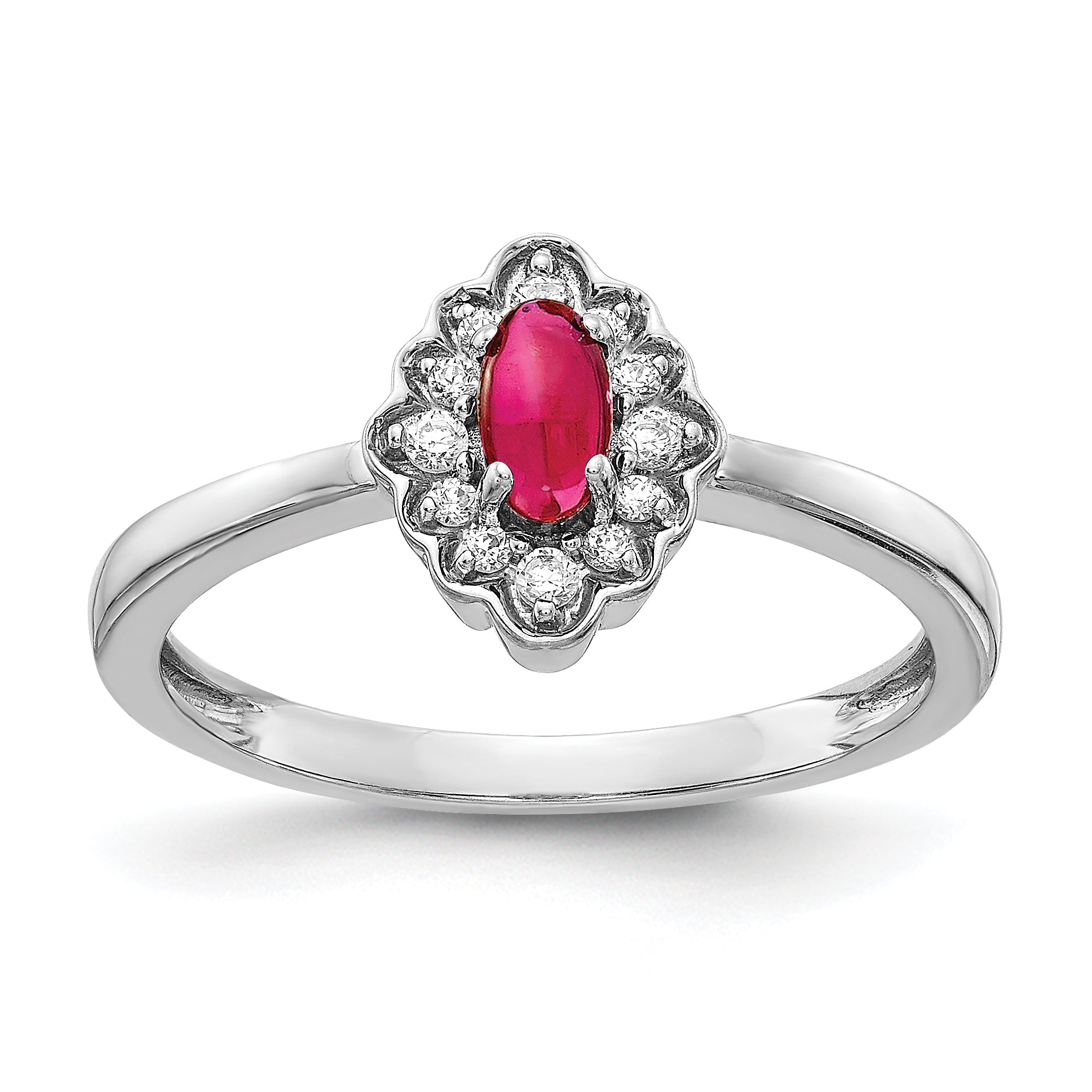 14k White Gold Diamond and Oval Cabochon Ruby Ring