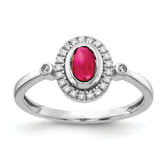 14k White Gold Diamond and Oval Cabochon Ruby Halo Ring