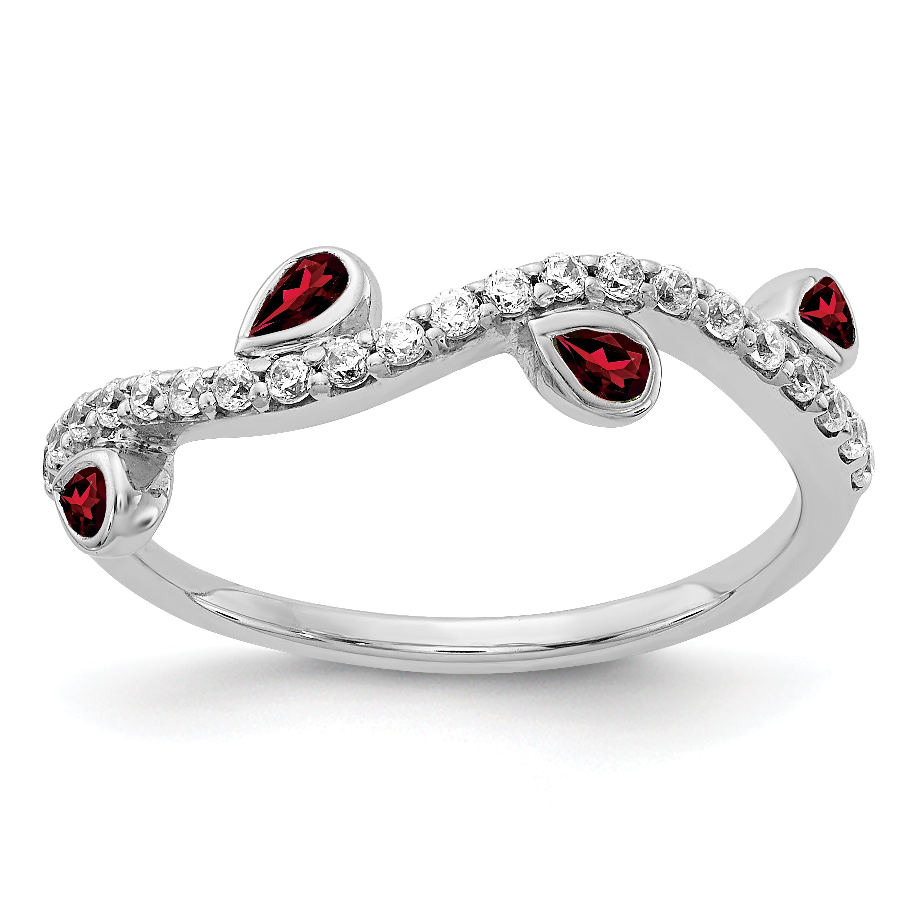 14k White Gold Diamond and Pear Garnet Curved Ring