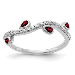 14k White Gold Diamond and Pear Garnet Curved Ring