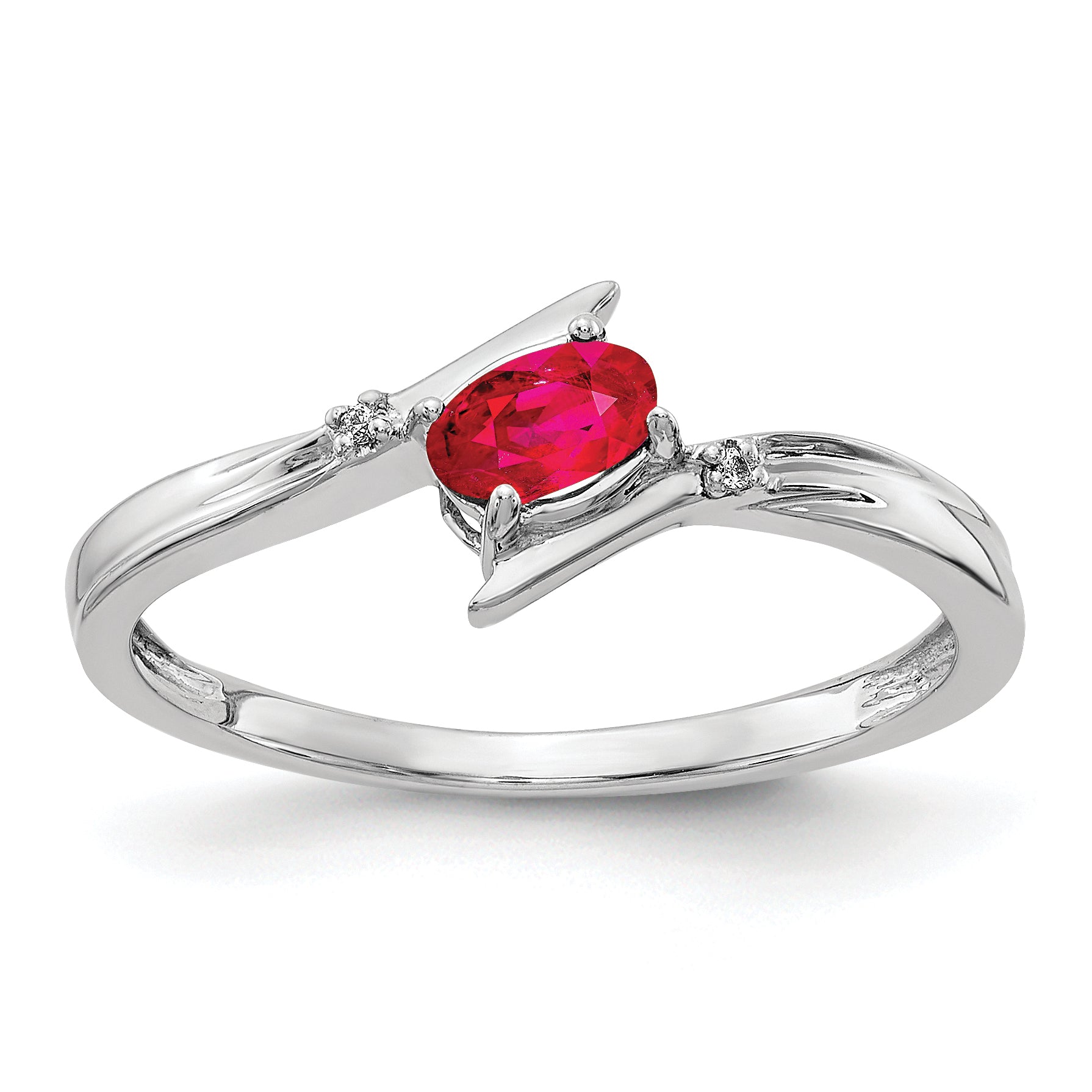 14k White Polished Oval Diamond Ruby Bypass Ring