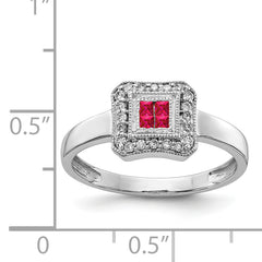 14k White Gold Square Design Ruby and Diamond Ring