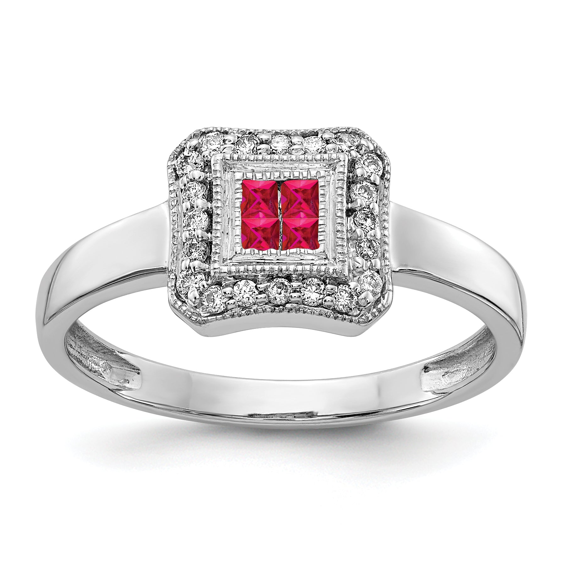 14k White Gold Square Design Ruby and Diamond Ring