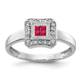 14k White Gold Square Design Ruby and Diamond Ring