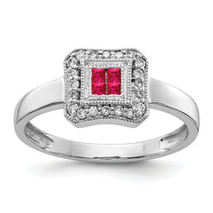 14k White Gold Square Design Ruby and Diamond Ring