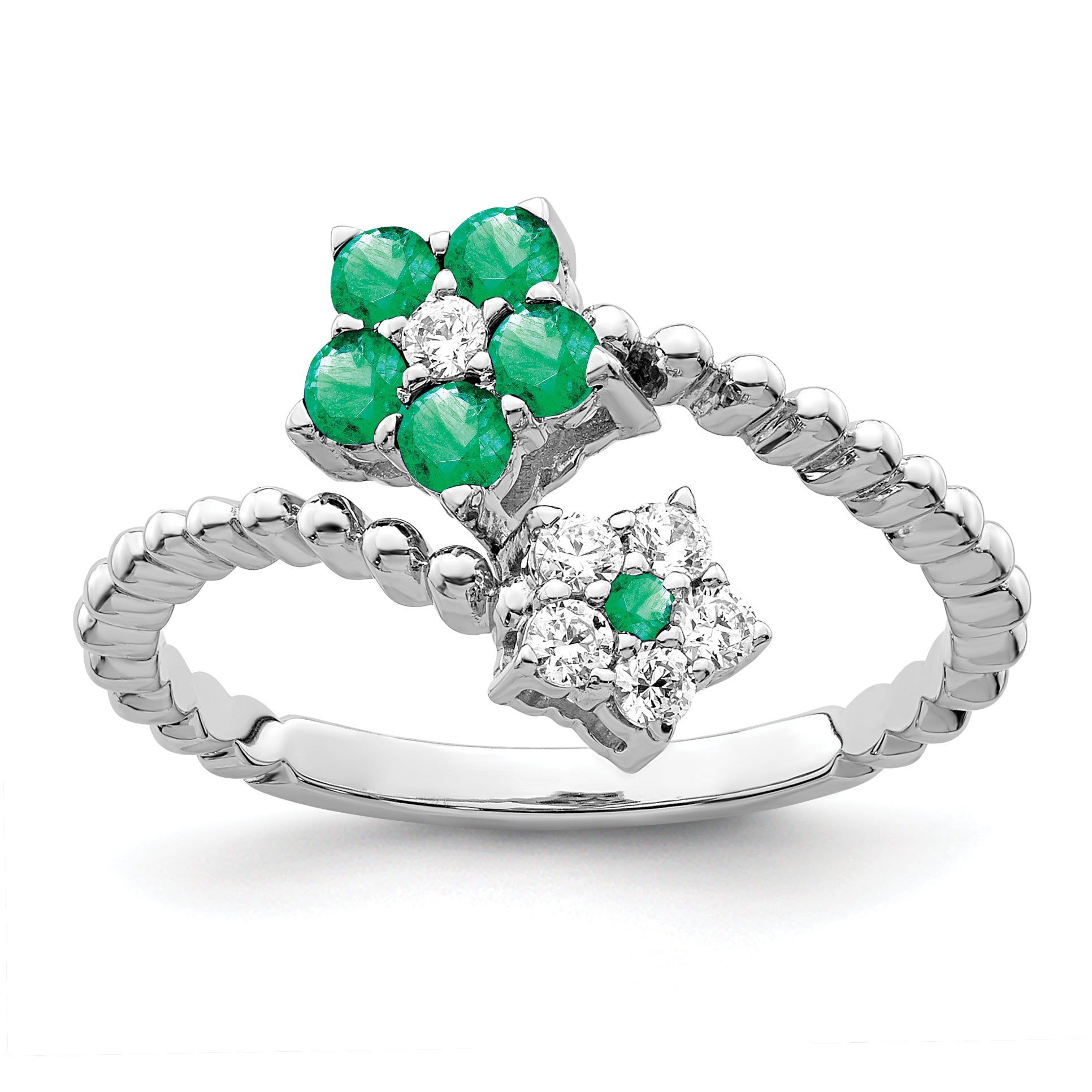 14k White Gold Polished Emerald and Diamond Floral Ring