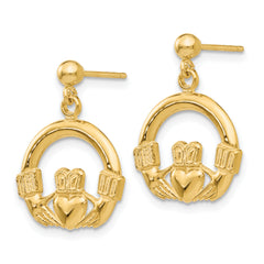 14K Gold Claddagh Dangle Earrings with Polished Elegant Design